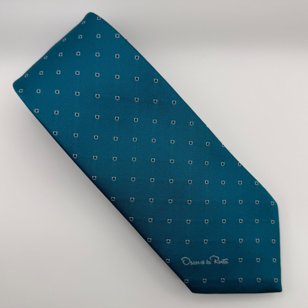 Oscar de la Renta Necktie OS Teal Blue Geometric Silk Classic Professional